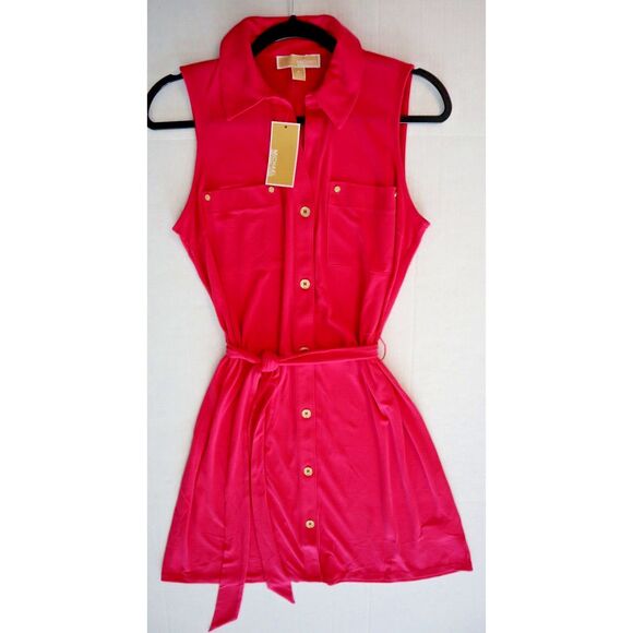 Michael Kors Women's Sz M Electric Pink Sleeveless Button Down Shirt Dress - Picture 1 of 8